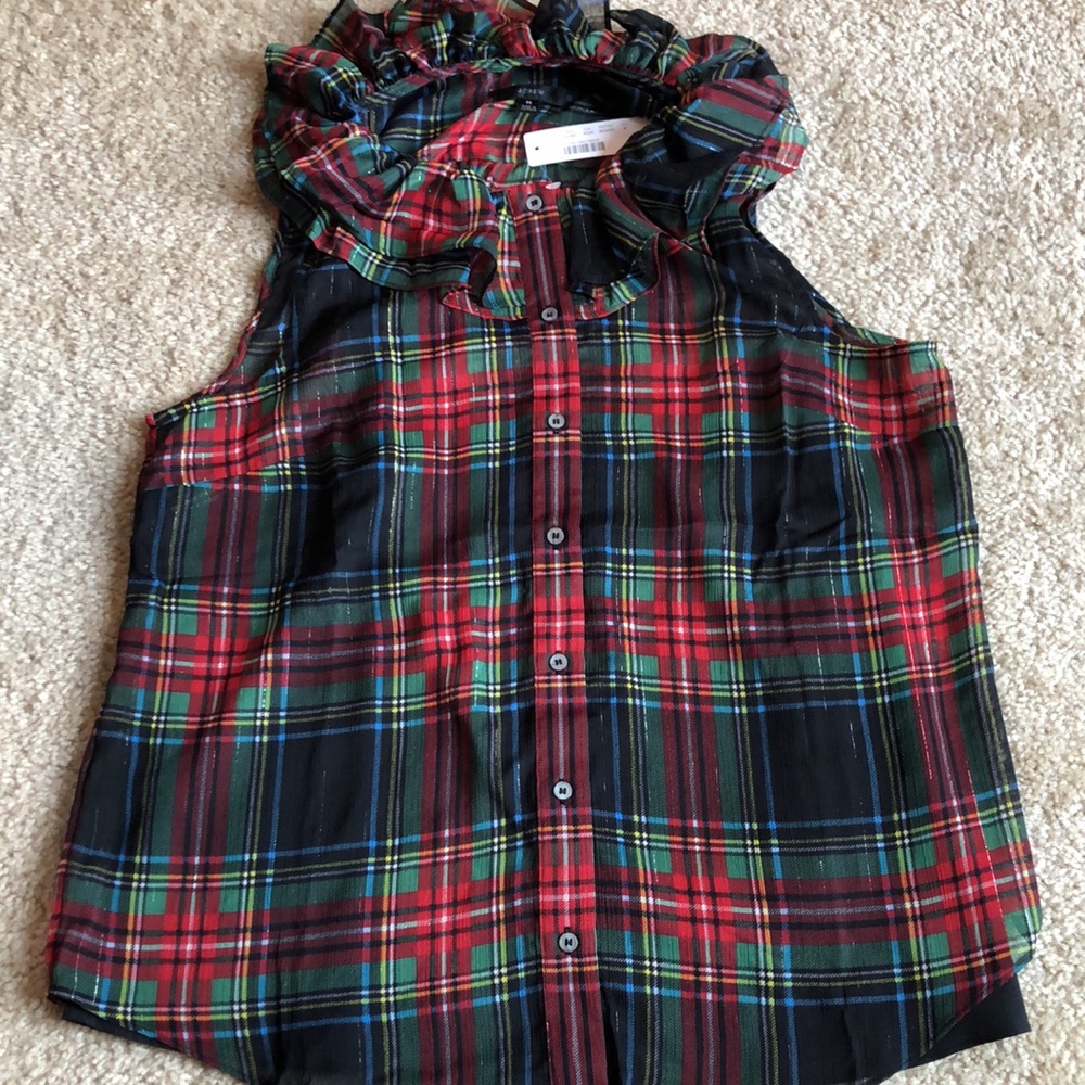 J Crew sleeveless ruffle collar black red green tartan top sleeveless shirt - Picture 2 of 7